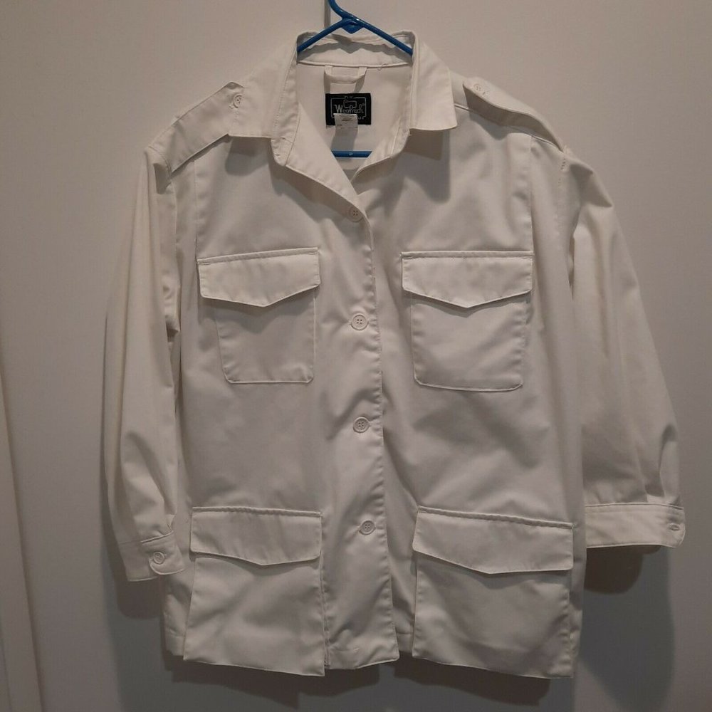 Woolrich Button Down Womens 3/4 Sleeve Shirt white 4 pocket shoulder tabs S 12